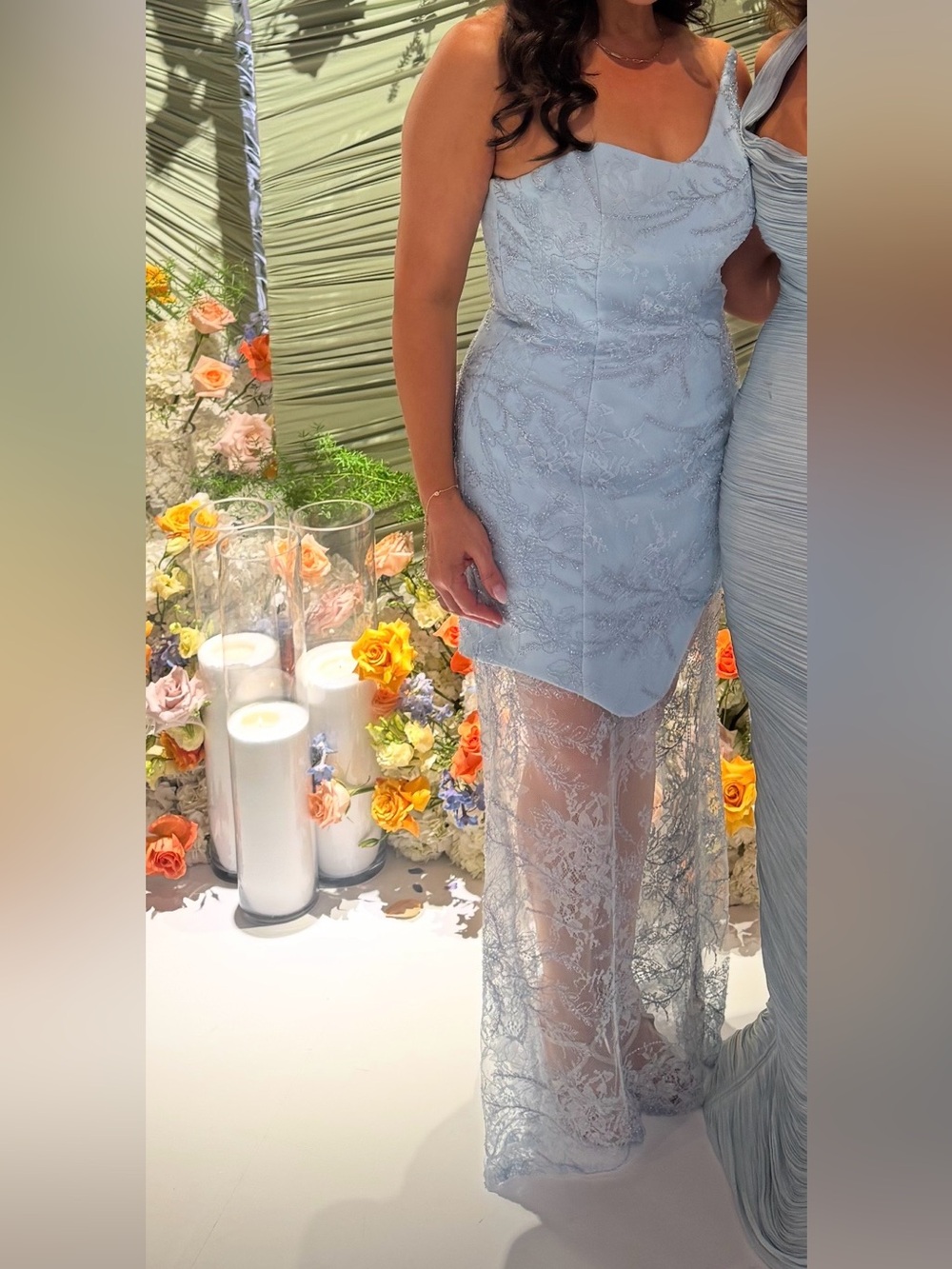 Elegant Light Blue Lace Overlay Evening Dress